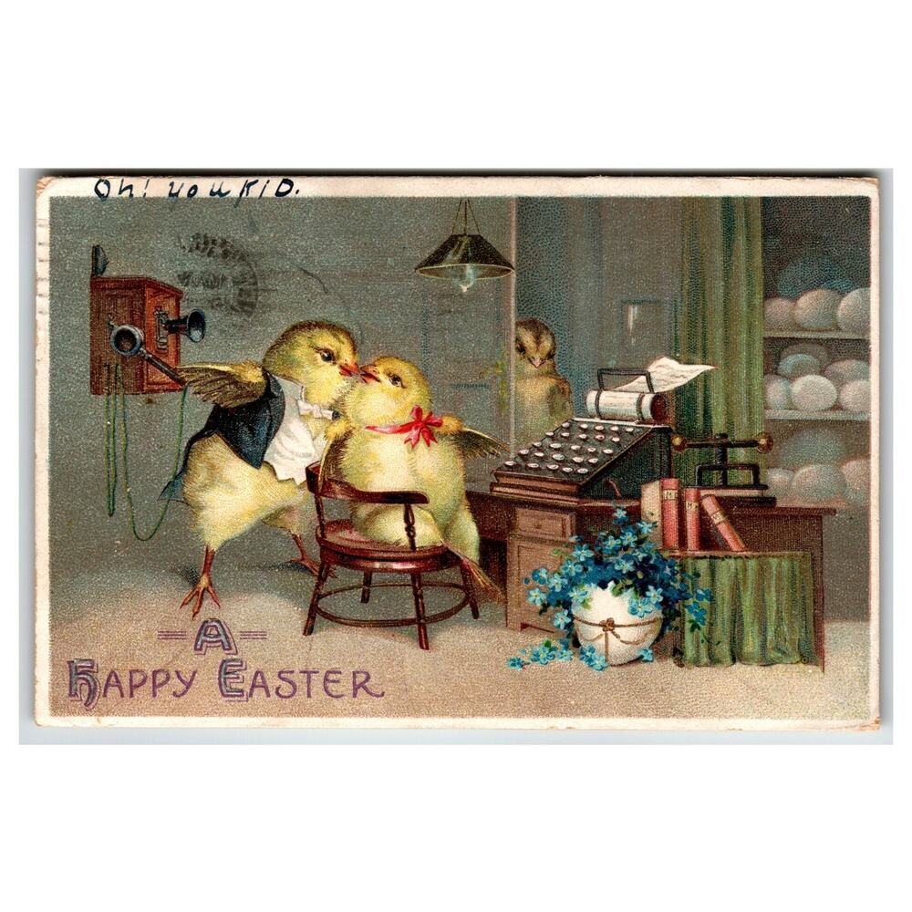 Vintage Easter Postcard Fantasy Dressed Chicks Kissing in Office Antique 1910
